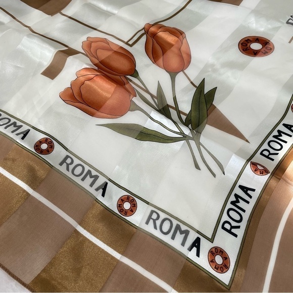 💫 VINTAGE | Romantic Roma Rome Italian Silky Satin Semi Sheer XL Square Scarf - Picture 1 of 6